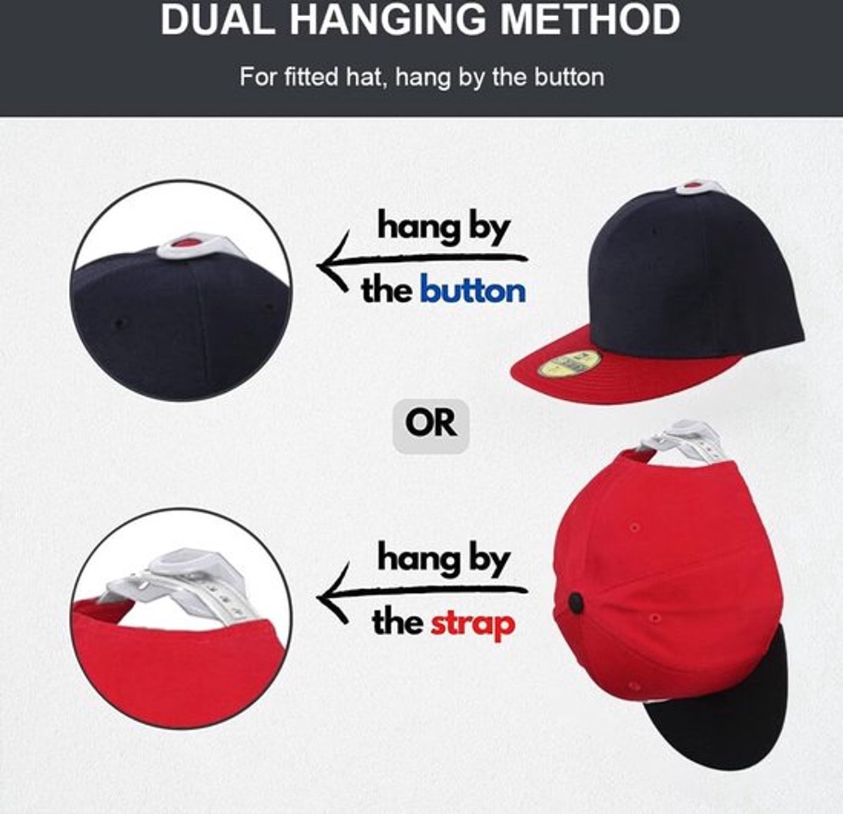 Cap Rack Set of 8 - Wall Cap Holders - Cap Hooks - With Screws and Tape - Two Installation Methods - Cap Rack Coat Rack - Cap Rack Storage System - Cap Storage Bag - Hat Holder - Cap Organizer - Double Suspension - White - Image 5