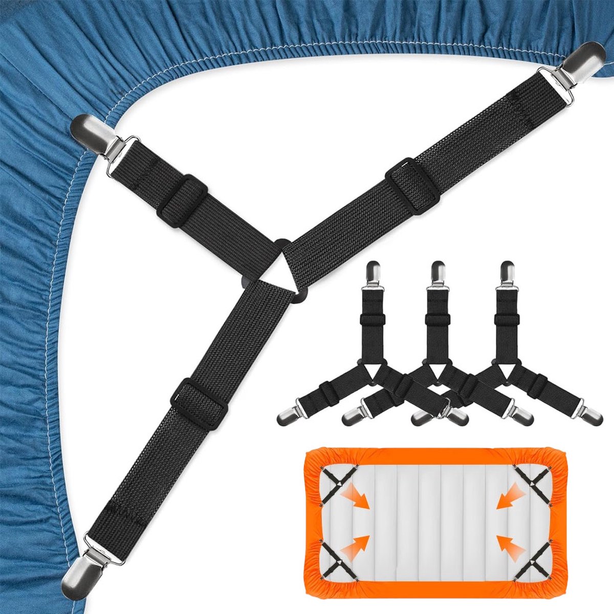 Bed Sheet Tensioners - 4 Pieces - Duvet Sheet Tensioner Clips - Duvet Clamps - Duvet Cover Tensioners - Sheet Clips - Adjustable - Sheet Suspenders - Fitted Sheet Clamps - Bed Sheet Clips - Say Goodbye to Messy Sheets - Won't Shift - Black - Image 1