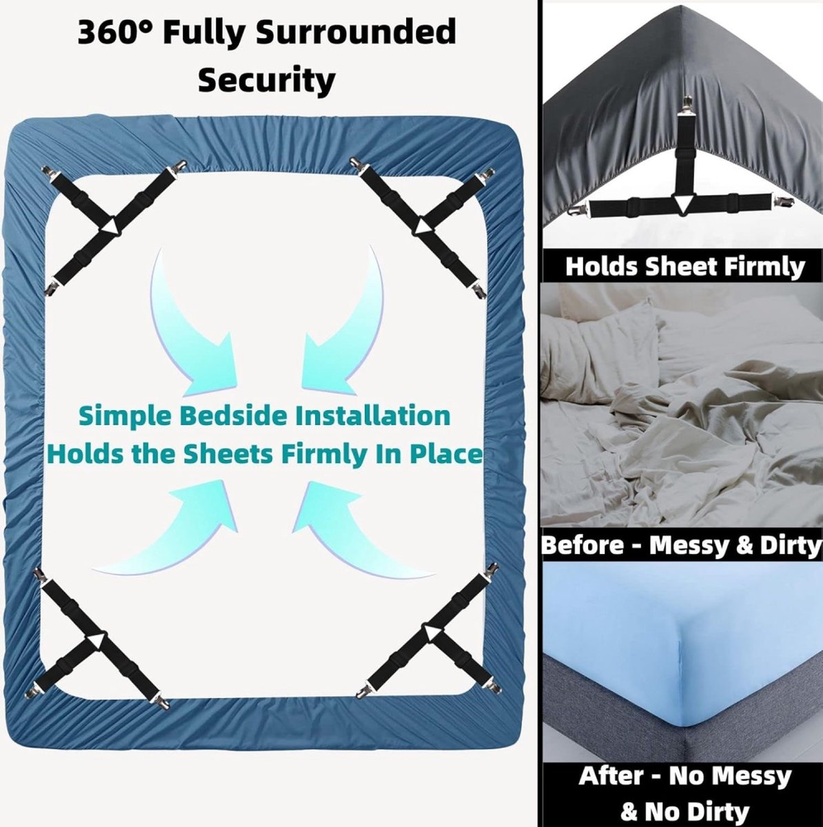 Bed Sheet Tensioners - 4 Pieces - Duvet Sheet Tensioner Clips - Duvet Clamps - Duvet Cover Tensioners - Sheet Clips - Adjustable - Sheet Suspenders - Fitted Sheet Clamps - Bed Sheet Clips - Say Goodbye to Messy Sheets - Won't Shift - Black - Image 3