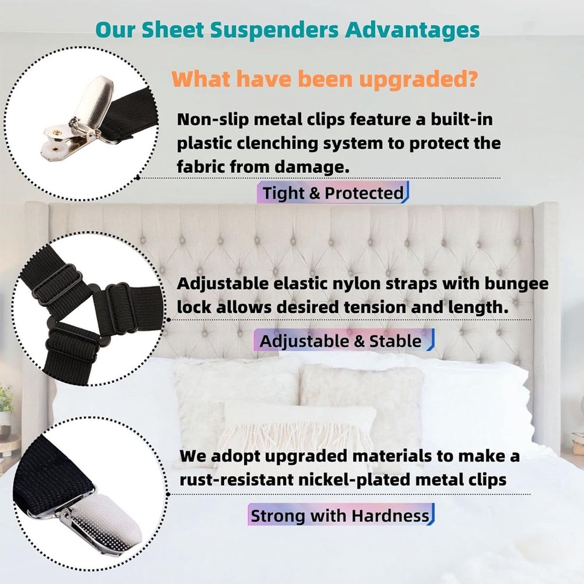 Bed Sheet Tensioners - 4 Pieces - Duvet Sheet Tensioner Clips - Duvet Clamps - Duvet Cover Tensioners - Sheet Clips - Adjustable - Sheet Suspenders - Fitted Sheet Clamps - Bed Sheet Clips - Say Goodbye to Messy Sheets - Won't Shift - Black - Image 4