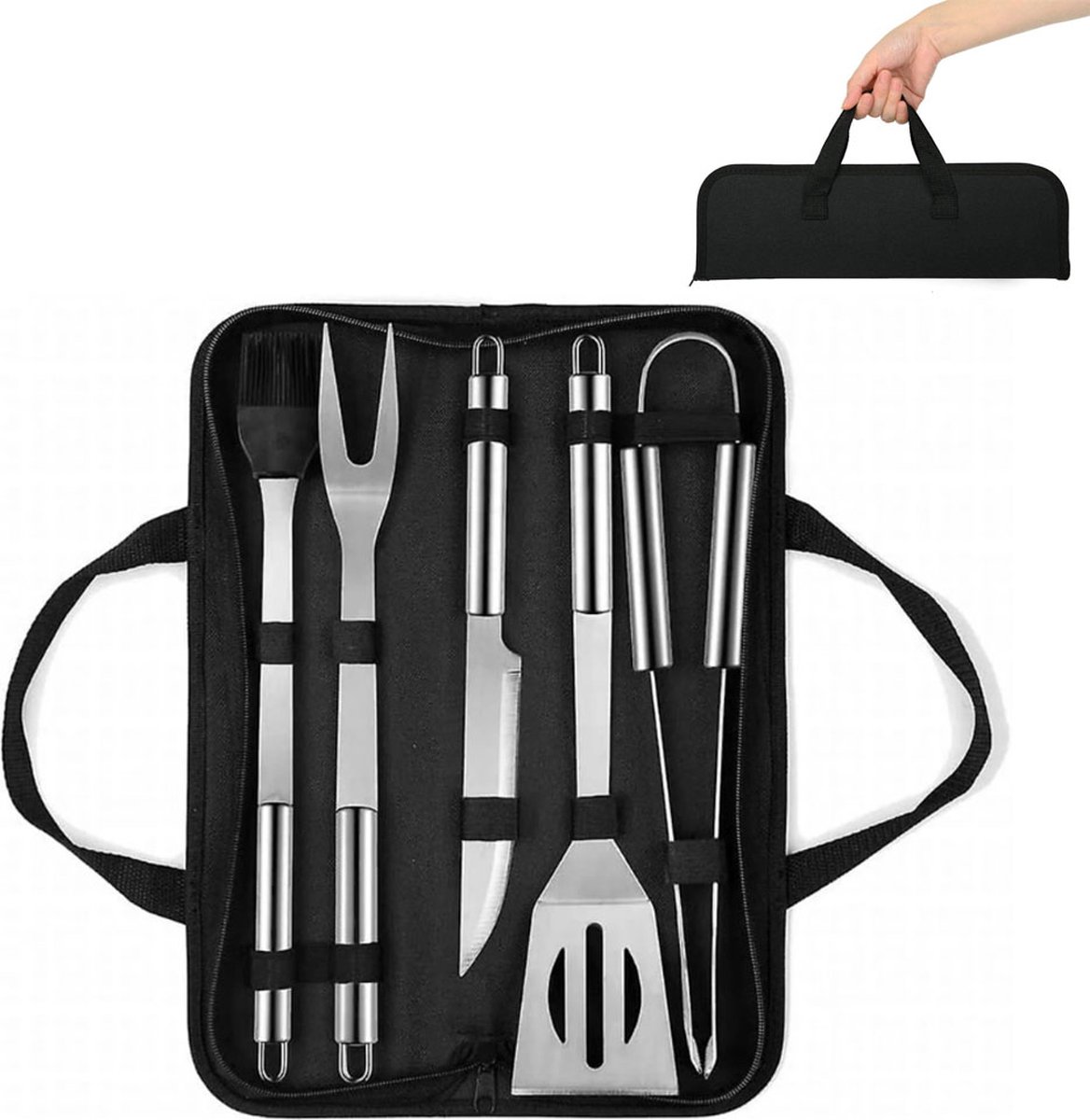 BBQ Accessories Set - 5-Piece BBQ Set - Stainless Steel Barbecue Tool Set - Barbecue Accessories - BBQ Tongs - BBQ Spatula - Meat Fork - Meat Knife - Brush - Professional - Includes Storage Bag - Image 1