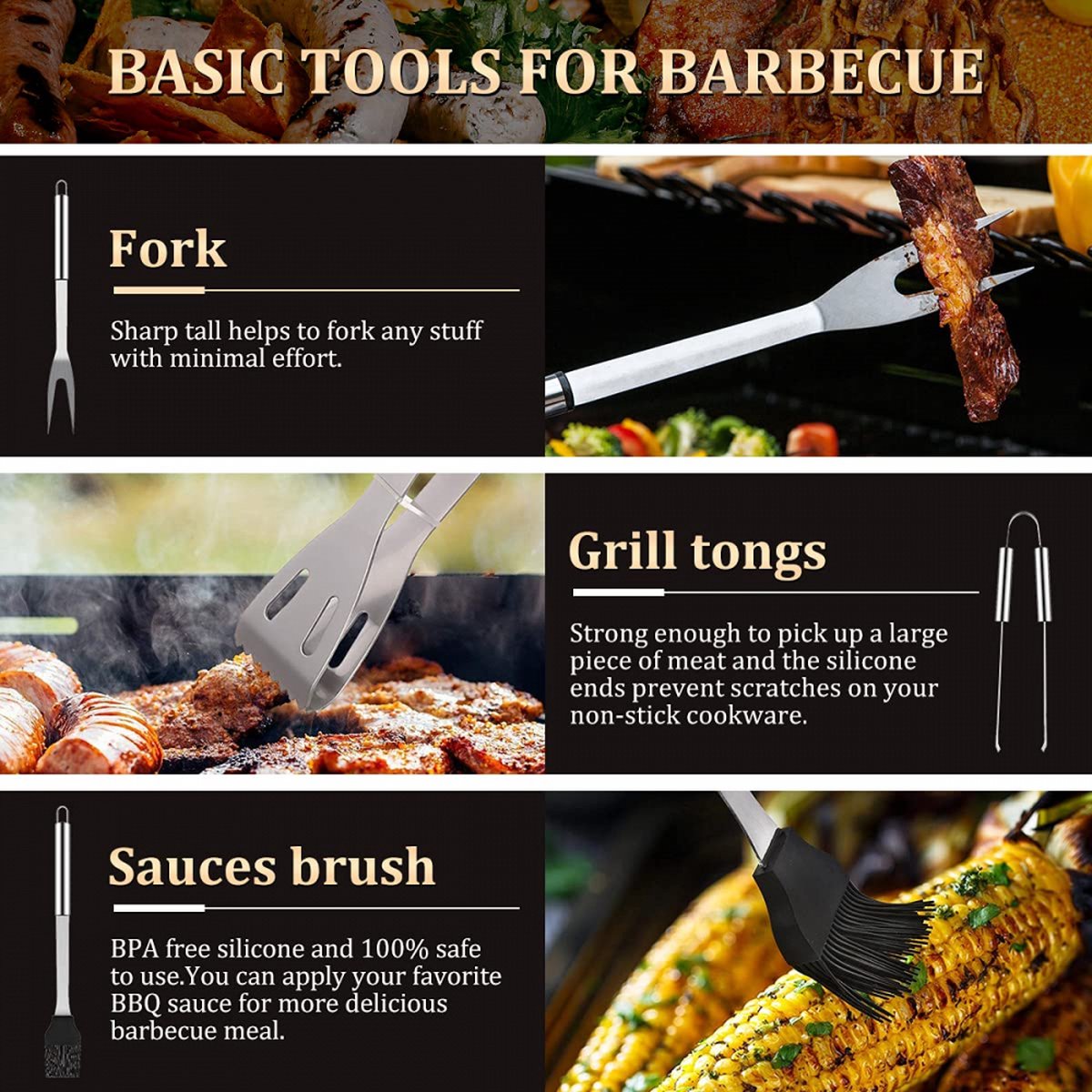 BBQ Accessories Set - 5-Piece BBQ Set - Stainless Steel Barbecue Tool Set - Barbecue Accessories - BBQ Tongs - BBQ Spatula - Meat Fork - Meat Knife - Brush - Professional - Includes Storage Bag - Image 4