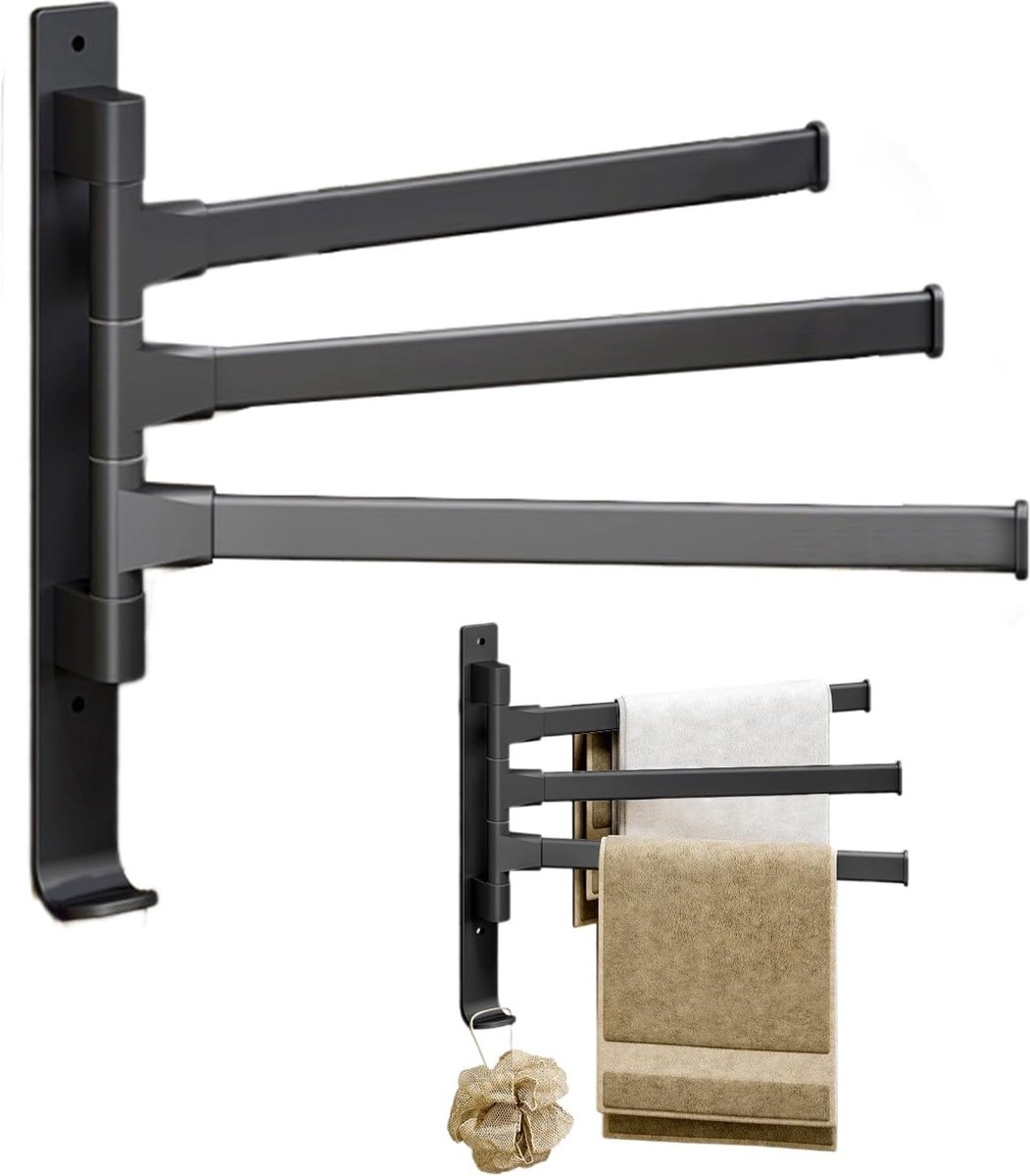 Towel Rack - 3-Arm Towel Holder - Towel Bar - Towel Rack - Towel Ladder - Towel Bar - 180 Degree Adjustable - For Bathroom/Kitchen - No Drilling Required - Self-Adhesive - Wall Drying Rack - Bathroom - Rotatable - Metal - Black - Image 1