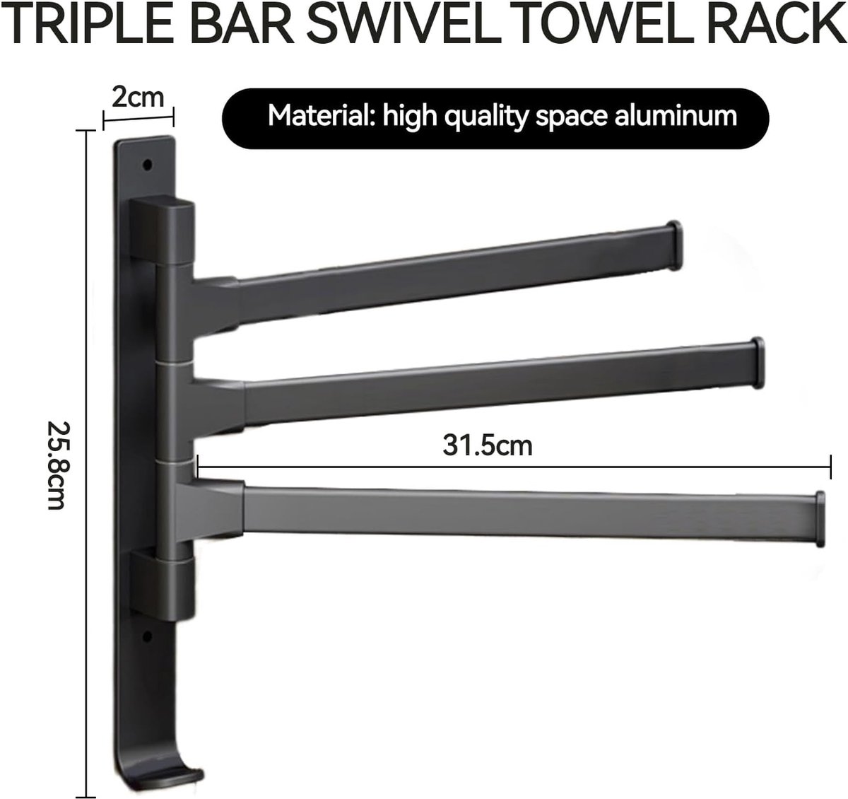 Towel Rack - 3-Arm Towel Holder - Towel Bar - Towel Rack - Towel Ladder - Towel Bar - 180 Degree Adjustable - For Bathroom/Kitchen - No Drilling Required - Self-Adhesive - Wall Drying Rack - Bathroom - Rotatable - Metal - Black - Image 2