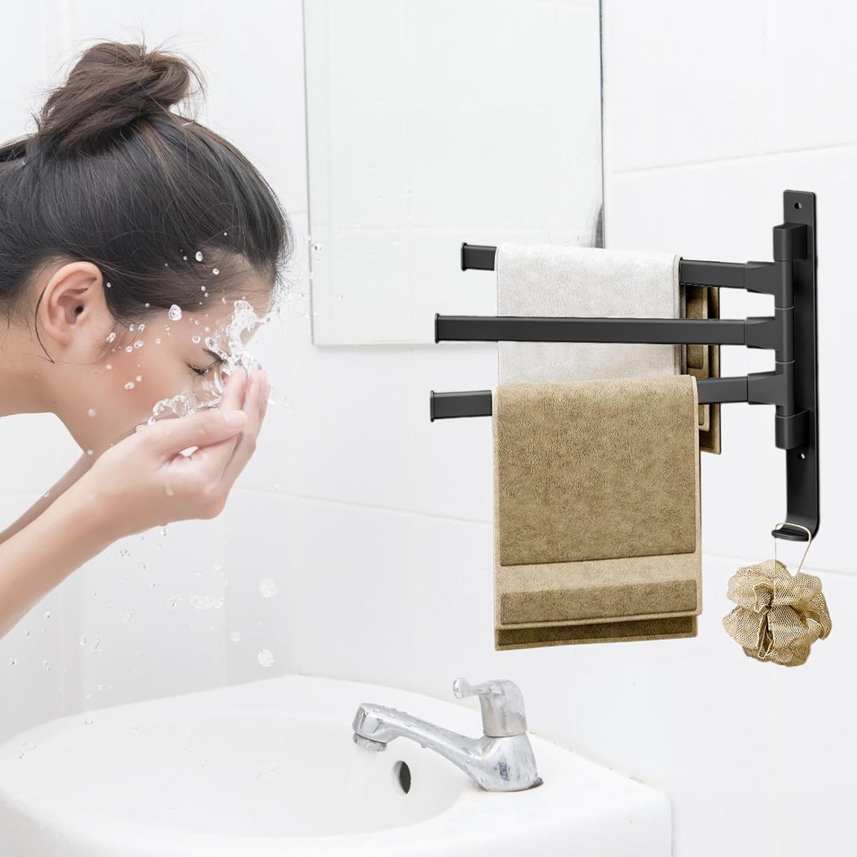 Towel Rack - 3-Arm Towel Holder - Towel Bar - Towel Rack - Towel Ladder - Towel Bar - 180 Degree Adjustable - For Bathroom/Kitchen - No Drilling Required - Self-Adhesive - Wall Drying Rack - Bathroom - Rotatable - Metal - Black - Image 3