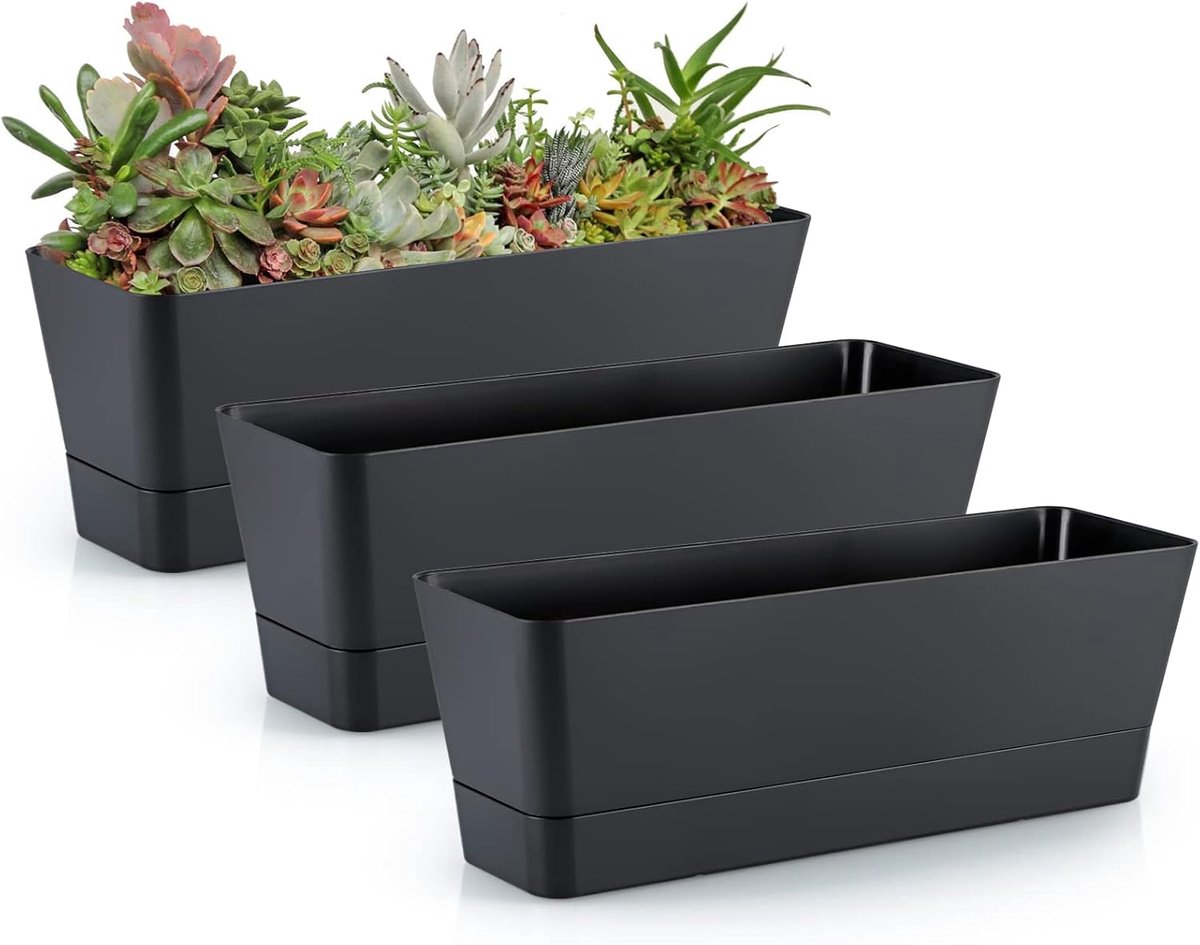 Flower pots - Balcony plant pot/flower pot - Railing/fence - Garden - rectangle - flower boxes - 3 pieces rectangular plant pots of 30 cm - rectangular plastic planters - balcony planters for planting succulents - Image 1