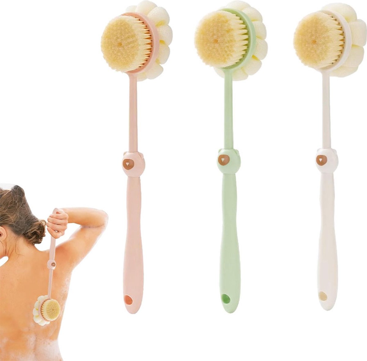 Bath Brush - 3 Pieces - Back Brush Shower with Long Handle - Body Brush - Double-Sided - Massage - Rich Lather - Back Scrubber - Shower Brush - Back Brush - Skin Brush - Exfoliating Back Brush - Bath & Shower Accessories - Deep Cleansing - Image 1