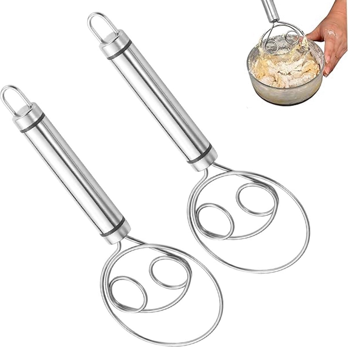 Dough Beater - 2 Pieces - Dough Whisk - Mixing and Beating - Danish Whisk - Dough Mixer - Spiral Whisk - Beating Dough - Egg Beater - Double Ring - Kitchen Utensils - For Baking in the Kitchen - Manual Dough Mixing - Bread Cake Making - Stainless Steel - - Image 1