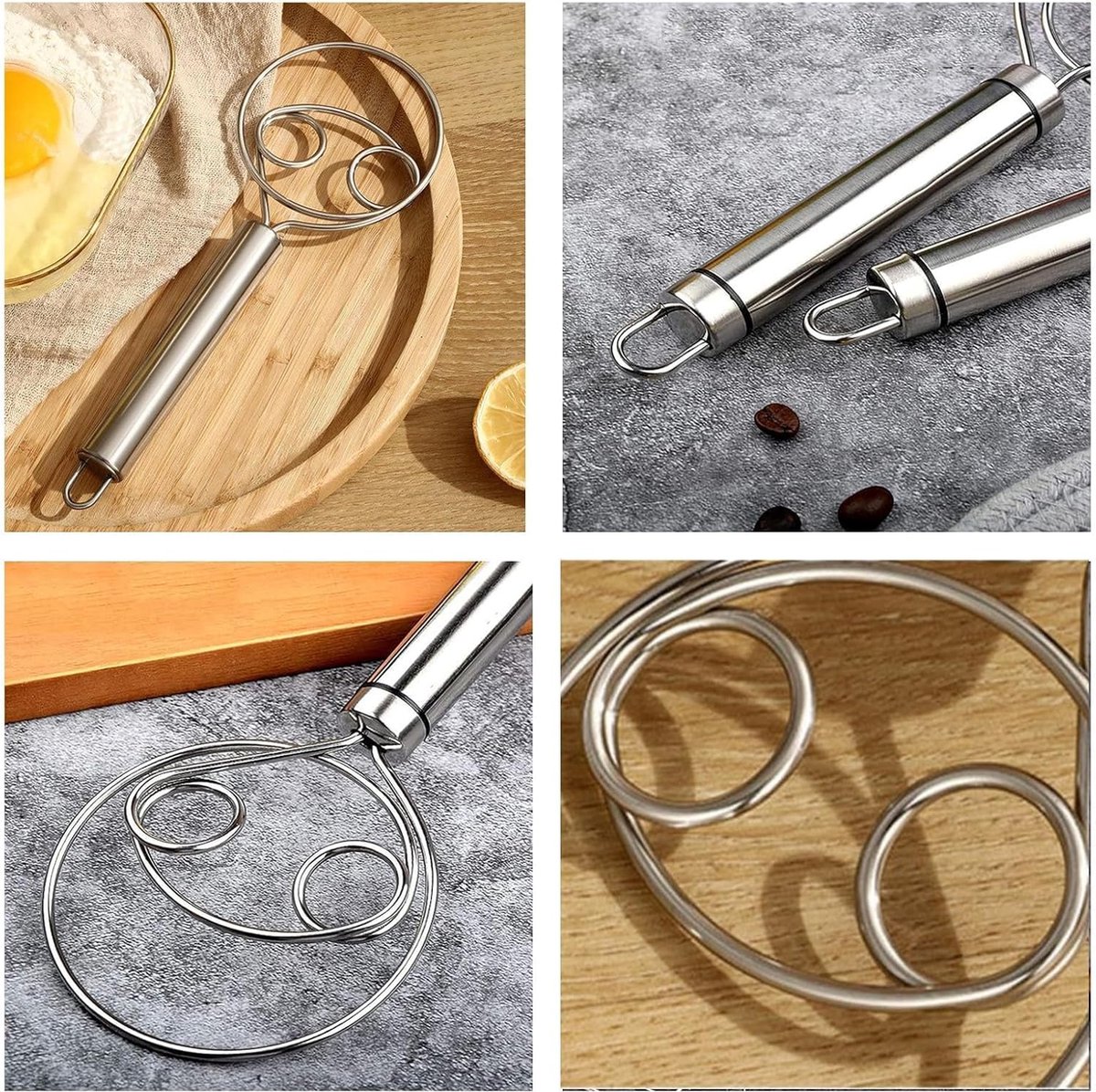 Dough Beater - 2 Pieces - Dough Whisk - Mixing and Beating - Danish Whisk - Dough Mixer - Spiral Whisk - Beating Dough - Egg Beater - Double Ring - Kitchen Utensils - For Baking in the Kitchen - Manual Dough Mixing - Bread Cake Making - Stainless Steel - - Image 3