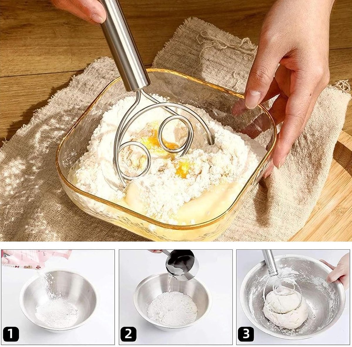 Dough Beater - 2 Pieces - Dough Whisk - Mixing and Beating - Danish Whisk - Dough Mixer - Spiral Whisk - Beating Dough - Egg Beater - Double Ring - Kitchen Utensils - For Baking in the Kitchen - Manual Dough Mixing - Bread Cake Making - Stainless Steel - - Image 4
