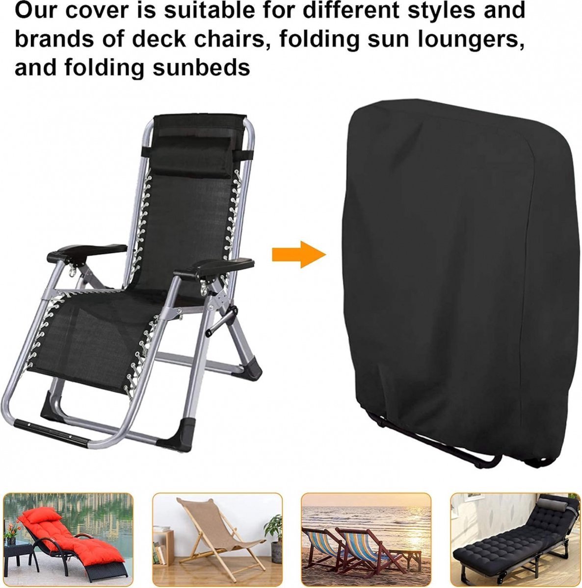 Weatherproof Protective Cover for Sun Lounger - Waterproof Chair Cover - Garden Chair Cover - Cover for Folding Chairs - Garden Furniture Cover - Protective Cover for Sun Loungers - 71x20/34x110cm - Cover for Sun Lounger - Black - With Carrying Bag - For - Image 4