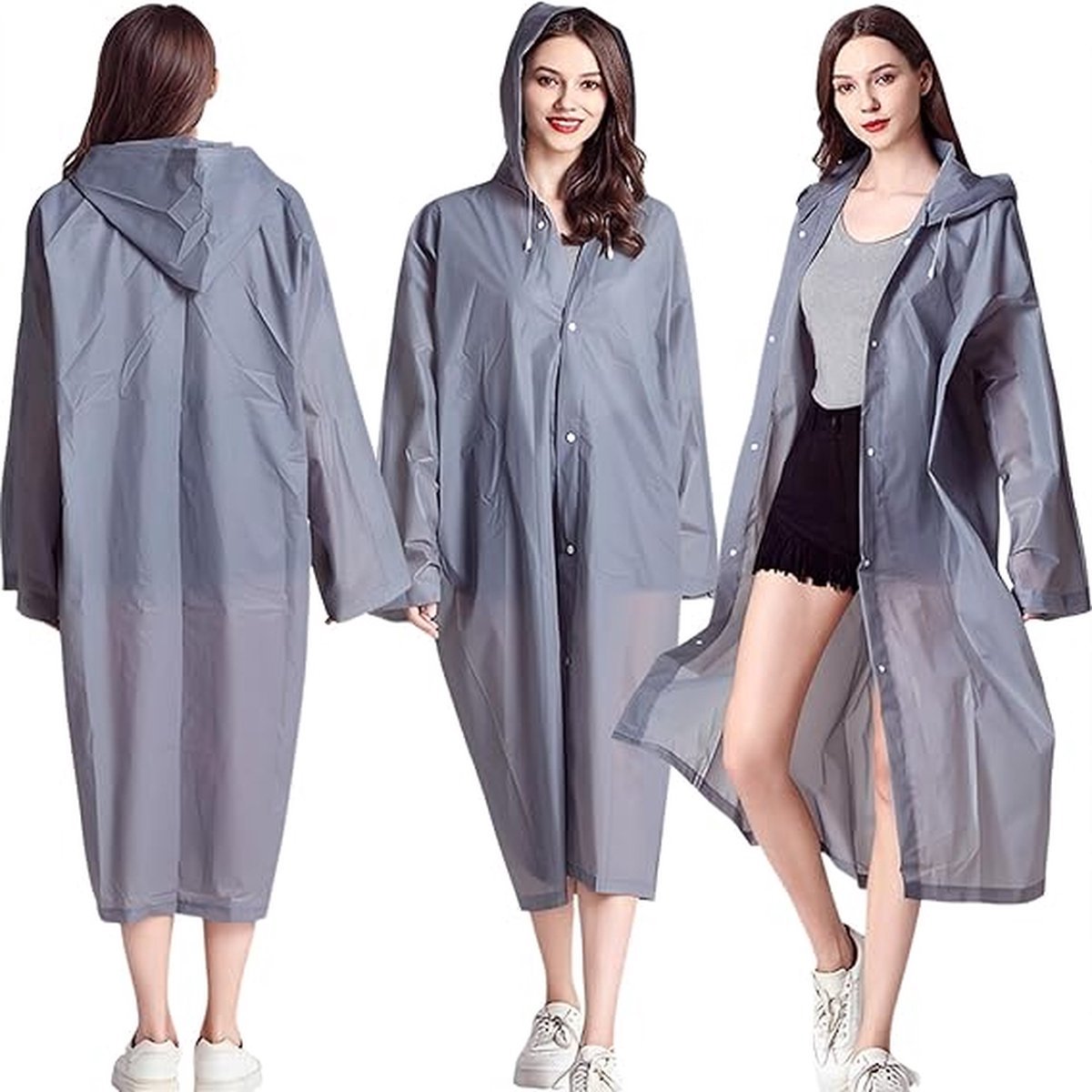 2x Raincoat - Hooded Raincoat - Rain Suit - Portable - Men's / Women's Raincoat - Thicker - Tear-Resistant - Lightweight - Foldable - Waterproof - One Size - Poncho - Rain Poncho - Rain - Grey - For Fishing/Travel/Emergencies - Image 3