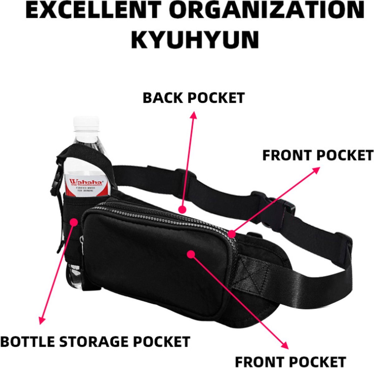 Waist Bag with Bottle Holder - Hiking Waist Bag with Bottle Holder - Outdoor Pouch Bag with Water Bottle / Bib Holder - Ideal for Festivals or Vacations - Multifunctional Strap - Adjustable - For Hiking, Dog Walks, Outdoor Activities - Black - Image 2