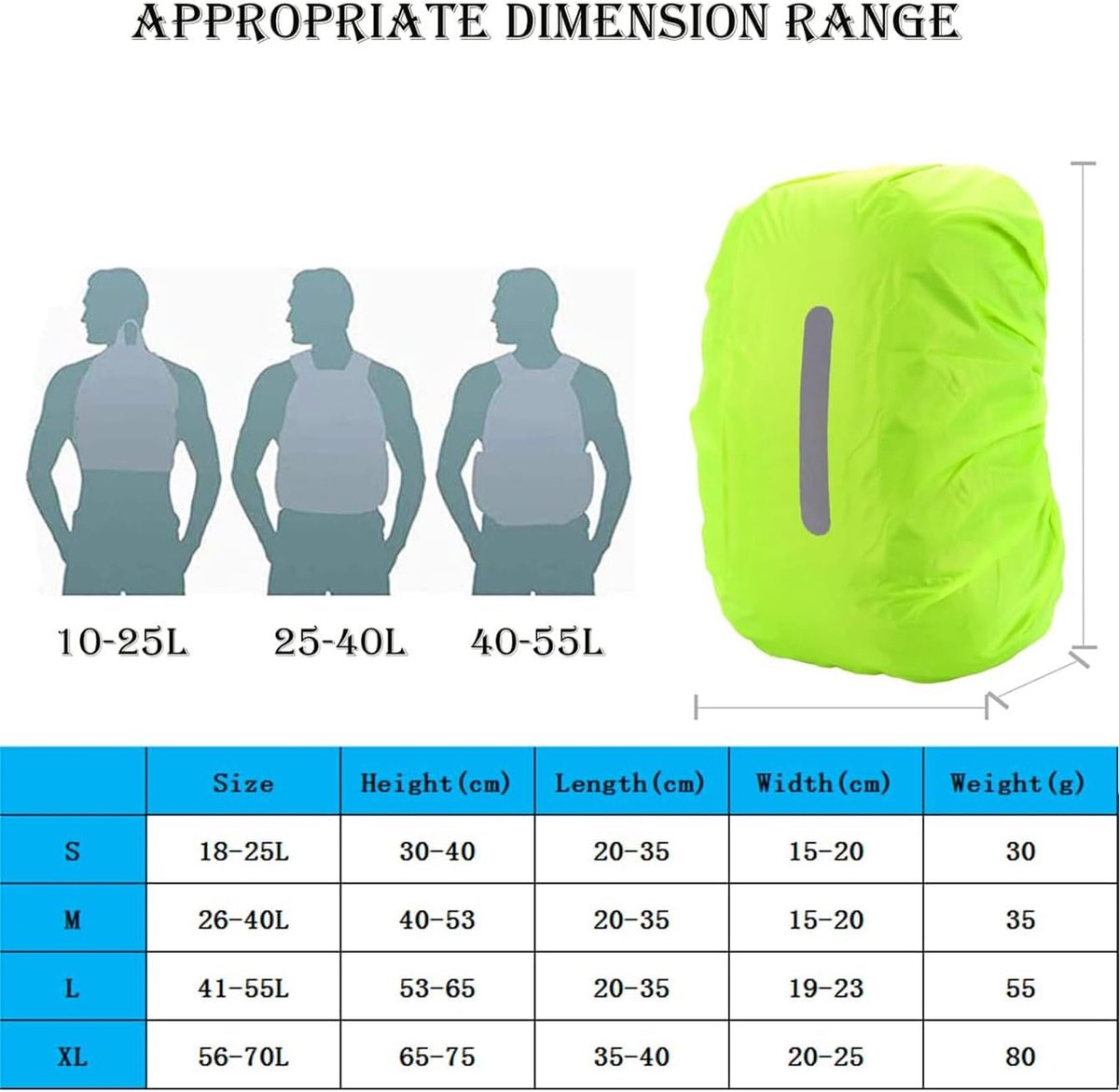 2-Piece Waterproof Backpack Cover - Reflective Rain Cover Backpack - 45 to 55 Liters - Waterproof Backpack Rain Cover - Reflective Backpack Covers in Polyester - Black & Green - Size L - Waterproof Backpack Cover for Outdoor Hiking Driving Climbing - Image 2