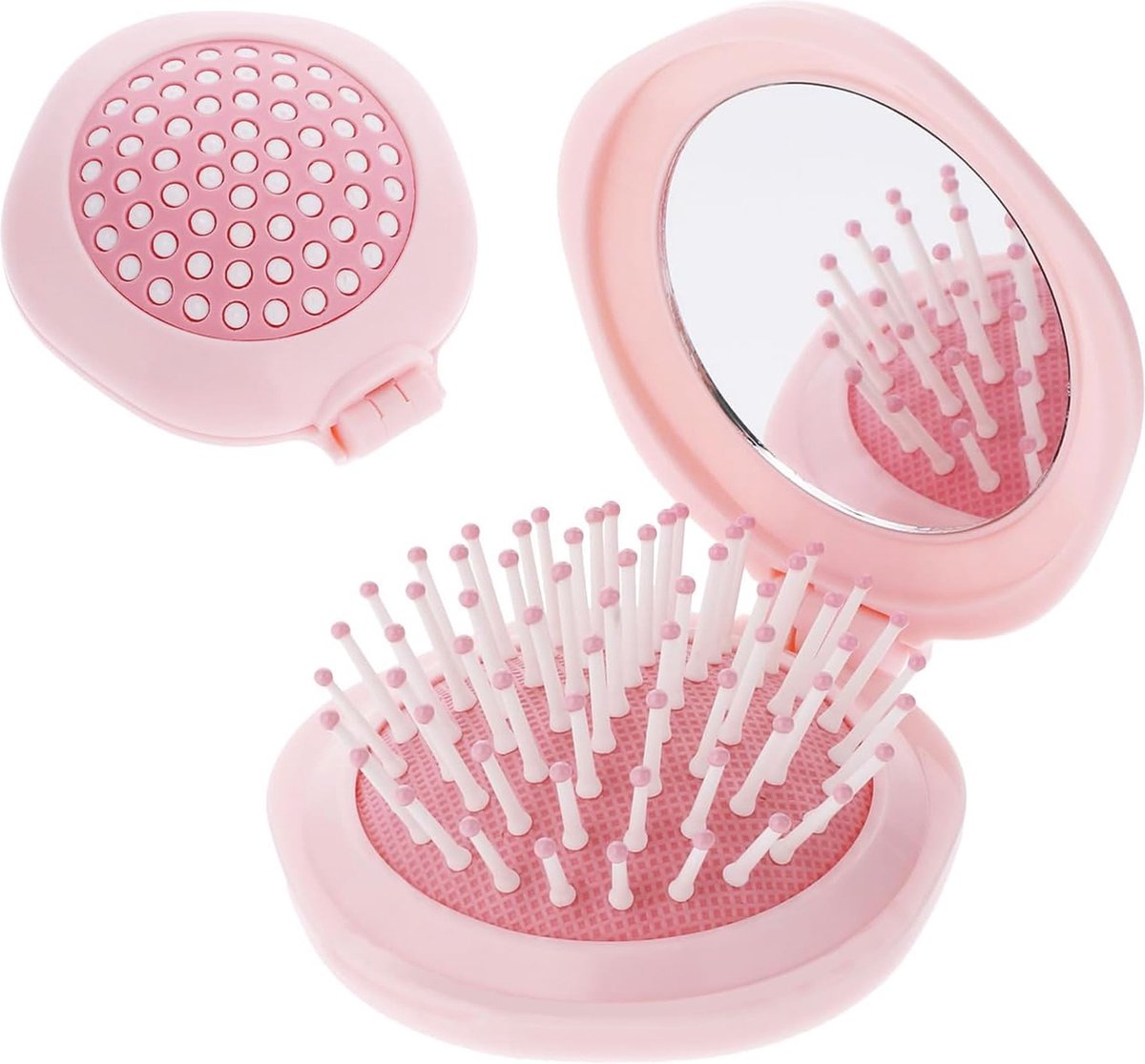 Hairbrush - Mini Hairbrush - Foldable hairbrush - with mirror - Comb - Hairdresser's Comb - styling tool - Curling Comb - Round - pink - pp - 7.6*7*2.7 cm - for bag/pocket - Image 1