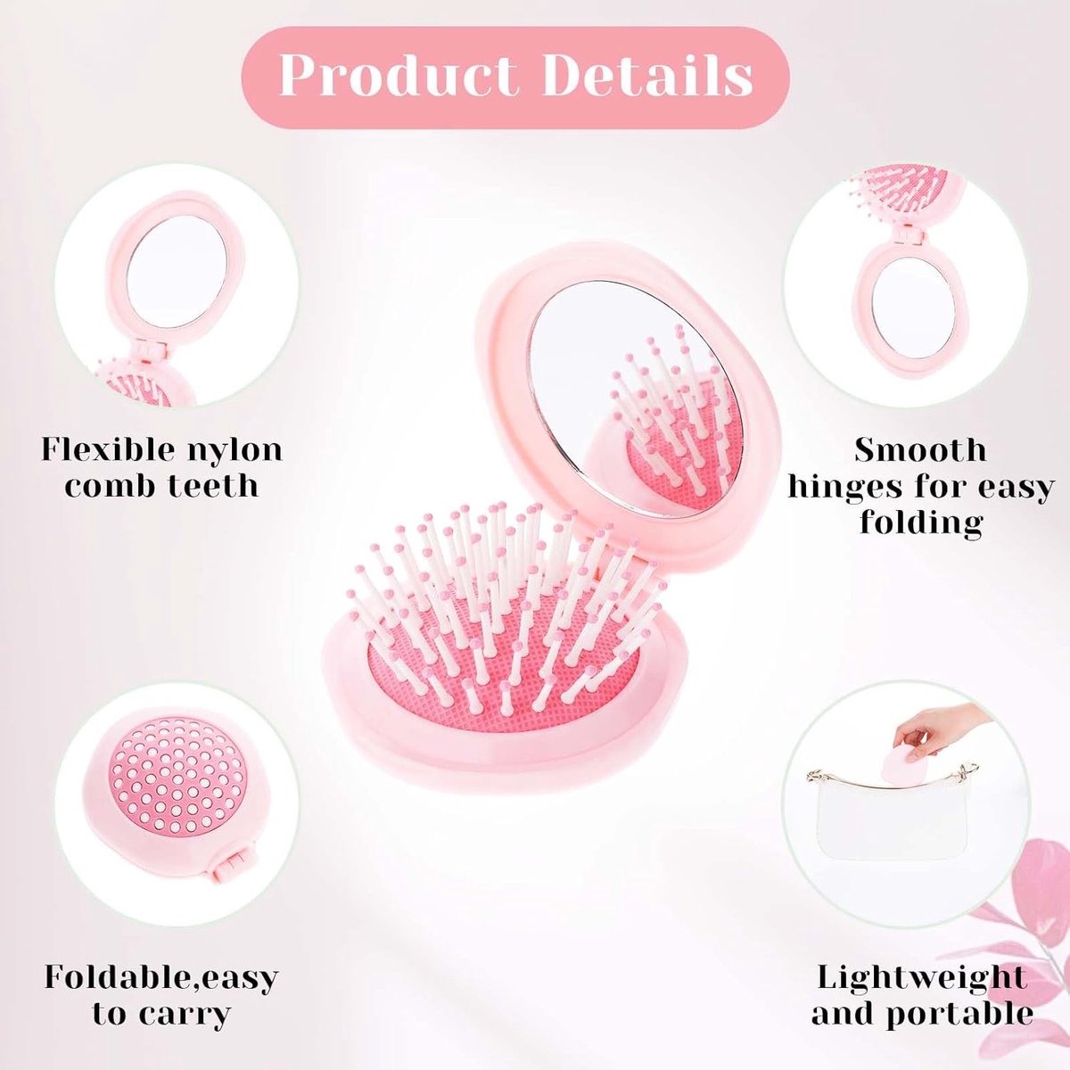Hairbrush - Mini Hairbrush - Foldable hairbrush - with mirror - Comb - Hairdresser's Comb - styling tool - Curling Comb - Round - pink - pp - 7.6*7*2.7 cm - for bag/pocket - Image 3