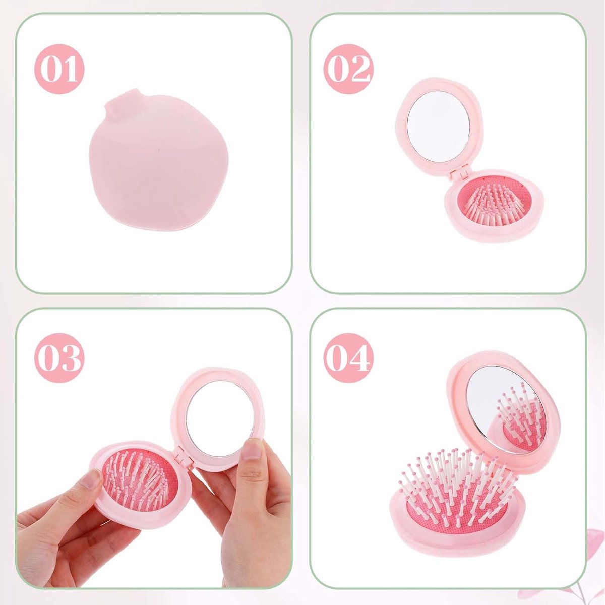 Hairbrush - Mini Hairbrush - Foldable hairbrush - with mirror - Comb - Hairdresser's Comb - styling tool - Curling Comb - Round - pink - pp - 7.6*7*2.7 cm - for bag/pocket - Image 4