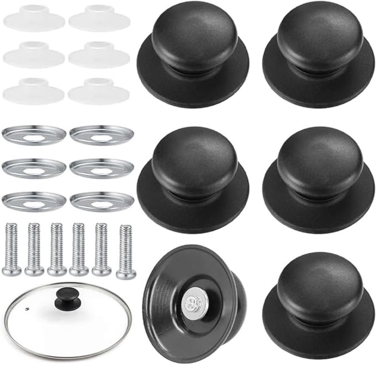 Handles for pot lids - Lid knobs - Replacement parts for cookware - Universal - Handles for pans - Screw-on accessories - Handles for pot lids - Suitable for pot lids and casseroles (black - 6-pack) - Image 1