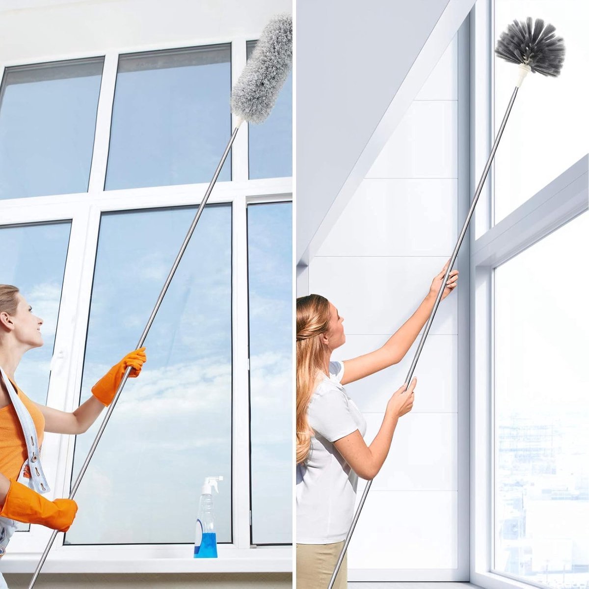 Telescopic Feather Duster Set - Feather Duster - Longest 250cm - Microfiber - Adjustable Telescopic Handle - 2 Bendable Brush Heads - Washable and Rotatable - Effective Dust Removal - Flexible & Practical - Handy for Home Cleaning - Image 2