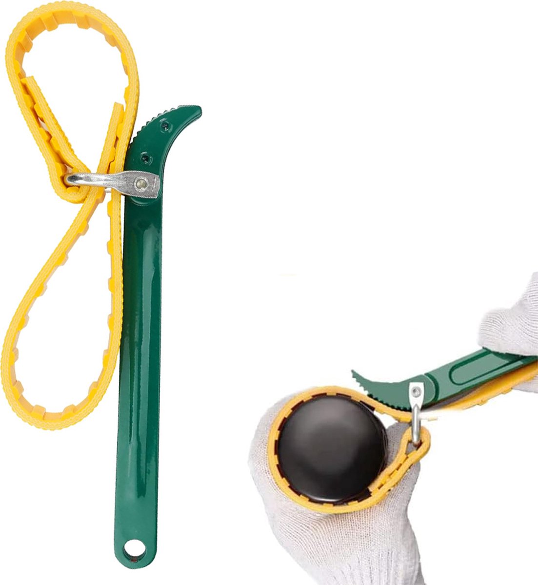 Strap Wrench - Oil Filter Wrench - Filter Wrench - Swivel Tensioning Strap - Oil Filter Pliers with Strap - Anti-Slip Strap - Max Diameter 130 mm - Strap Wrench for Opening Oil Filters - Universal - Plastic / Rubber - For Optimal Grip - Green - Image 1
