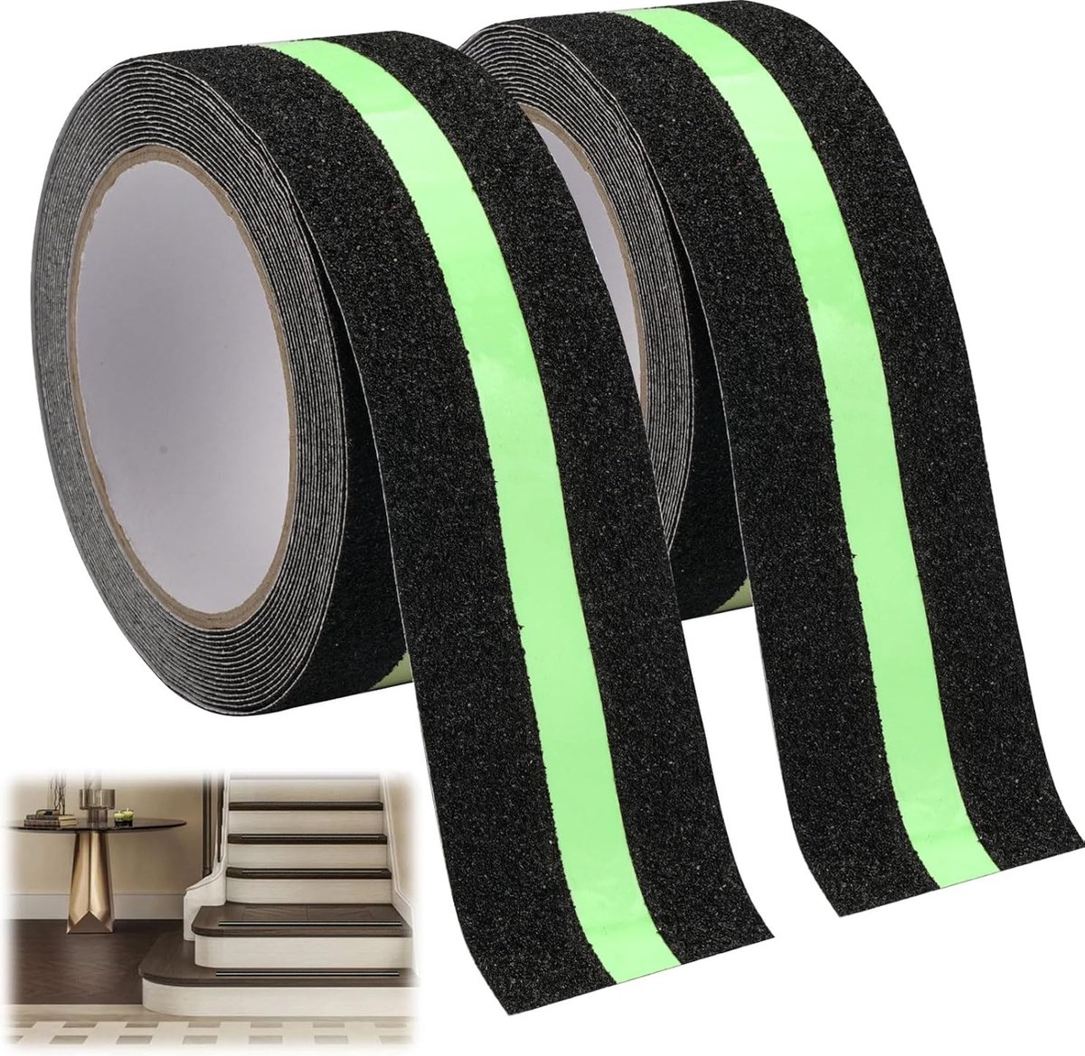 Anti-slip Adhesive Tape - 2 Rolls - Anti-slip Grip Tape - Safety Tape - Stair Tape - Anti-slip Adhesive Tape - Strips with Self-Adhesive - For Stairs Stairs Stairs Decking Indoors and Outdoors - Glows in the Dark - Black - 5 Cm X 5 M - Image 1