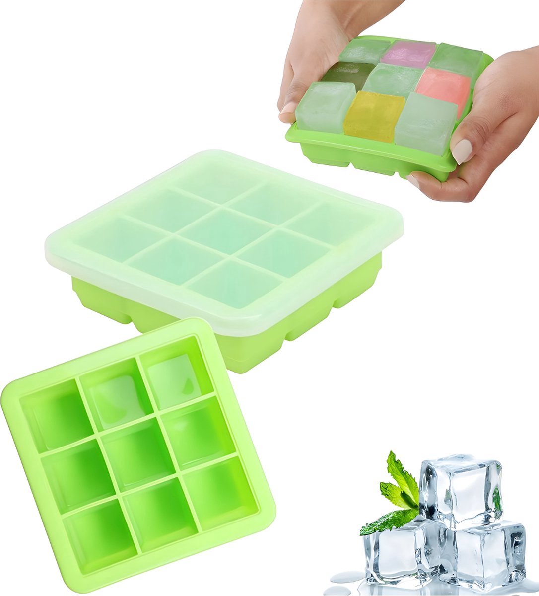 2x Ice Cube Tray With Lid - Silicone Ice Cube Tray - BPA Free - 2 x 9 Cells - 3.5cm Ice Cubes - Dishwasher Safe - Ice Cube Tray - Ice Cube Tray - Square - Green - Reusable - Easy to Push Out - Image 1