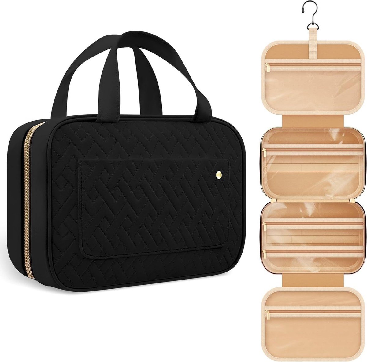 Toilet Bag With Hook - Hanging Toilet Bag - Women and Men - Waterproof - Makeup Bag - Women's Beauty Case - Toilet Bag - Toilet Sack - Outdoor Travel Toilet Bag - Travel Organizer Men & Women, Girls and Children - Black - Practical & Portable - Image 1