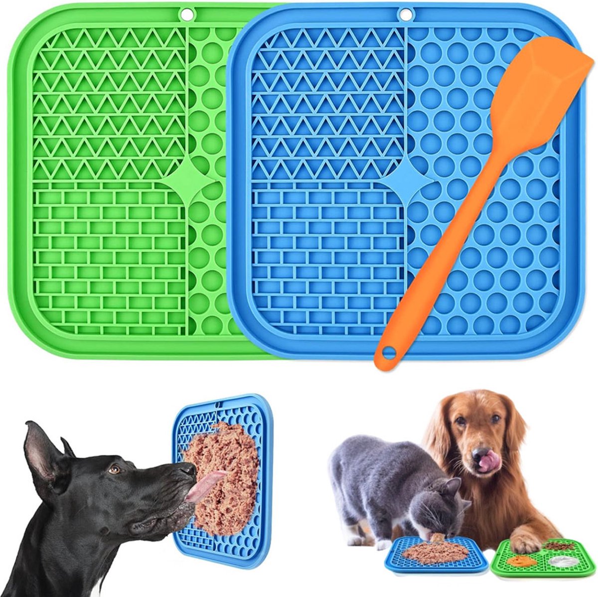 Dog Lick Mat - 2 Pieces - Dog Lick Mat with Suction Cup - Dog Toys - Dog Feeding Mat - Dog Slow Feeder - Cat Lick Mat - Dog Lick Pad - Anti-Gulp Food Bowl - BPA-Free - Dishwasher Safe - Blue and Green with Silicone Spatulas - Image 1