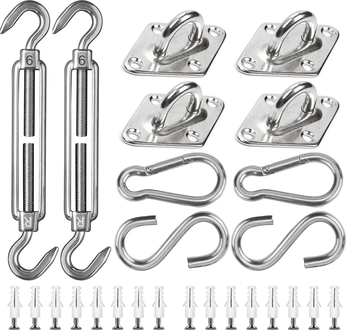 Shade Cloth Mounting Set - 42-Piece - Stainless Steel - Hardware Kit for Sun Sail - For Rectangular / Square Sun Shade Sails - Hammock Mounting Set - Shade Cloth Mounting Material - Image 1