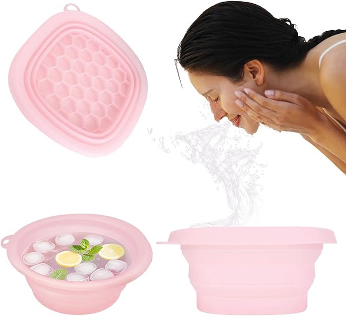Cooling basin - Facial ice bath - Silicone facial cooling basin - Foldable silicone basin - Built-in ice tray - Portable basin - Cools the face - unclogs and soothes the skin (pink) - Image 1