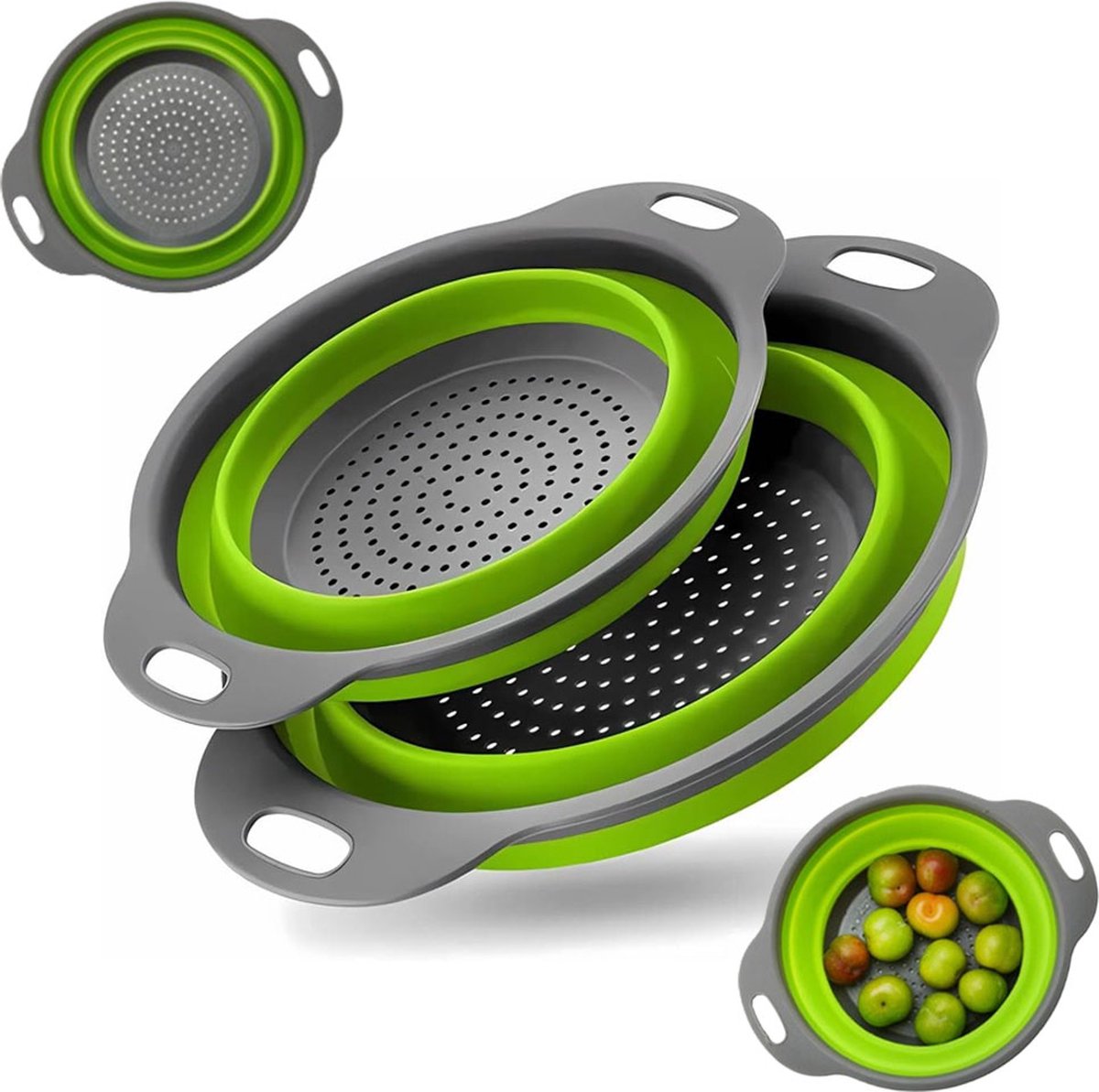 Foldable Colander Set of 2 Pieces - Collapsible Silicone Colander - 1 Large and 1 Small - BPA Free - Dishwasher Safe - Heat Resistant - Easy Storage - Can Be Hung - For Draining Pasta/Vegetables/Fruit - Green - Image 1
