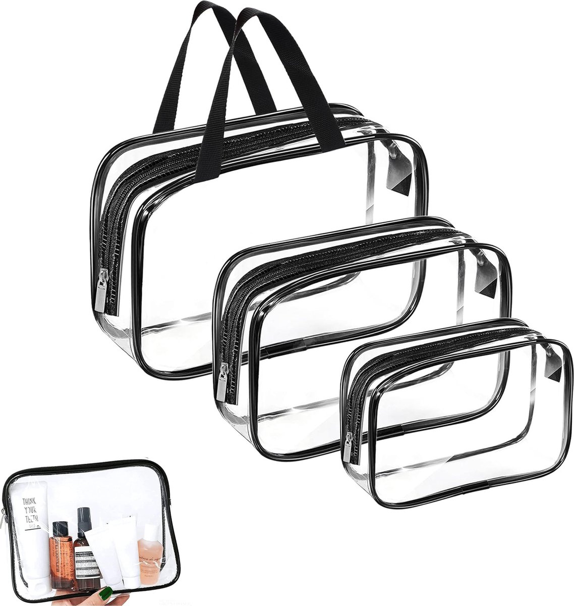 Toiletry Bag - Set of 3 - Transparent Toiletry Bag - Transparent Travel Set - Travel Toiletry Bag - Travel Bag - Make-Up Organizer - Cosmetic Bag Organizer - Make-Up Bag - Transparent Toiletry Bag - Waterproof - Hand - Hangable - Vacation - Travel - Women - Image 1
