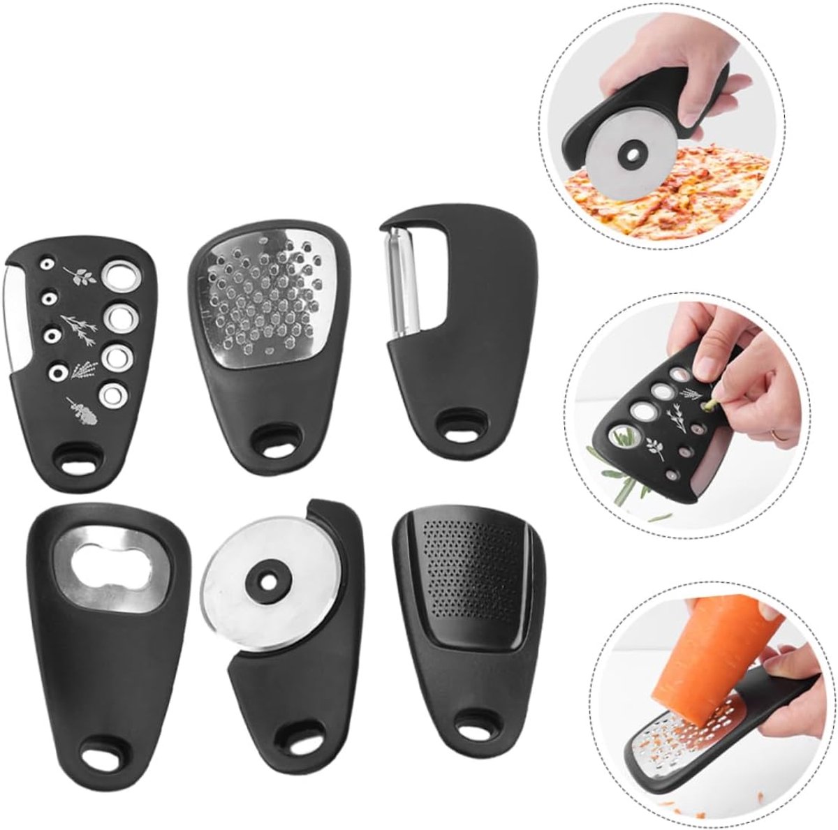 6-piece - kitchen tool set - Multifunctional kitchen tool - portable carabiner - fruit and vegetable peeler - cheese cutter - bottle opener - garlic press - ginger grinder - pizza cutter - cookware - cooking - baking - Image 1
