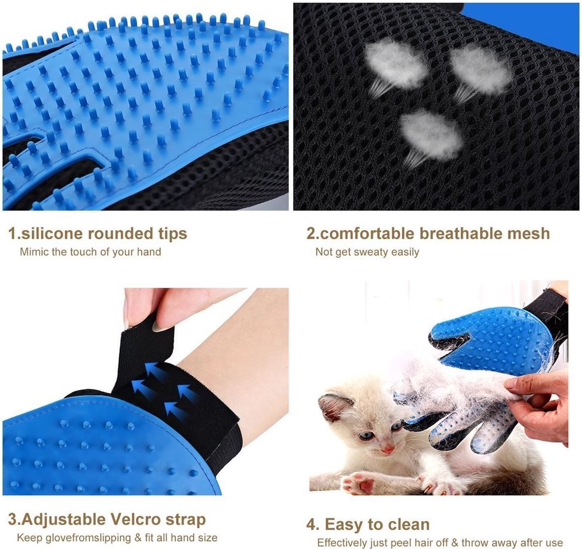 Pet Glove - Brush Glove For Dogs And Cats - Glove Brush - Grooming Gloves - Grooming Brush For Pets - For Cat Dog Horse Rabbit Animal - Blue - 1 Pair - Image 3