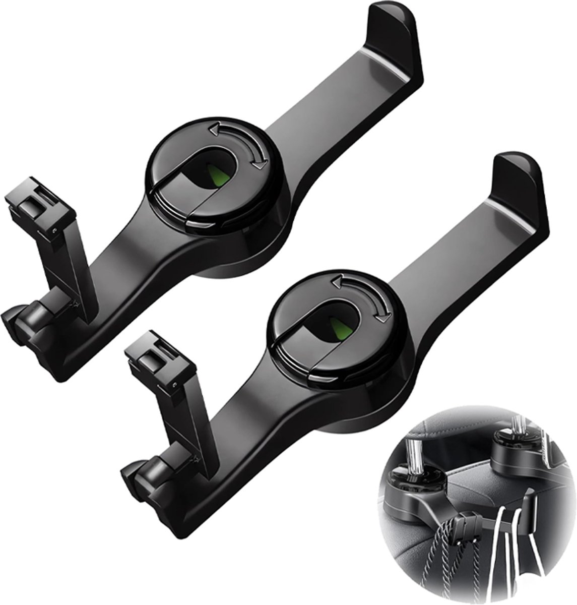 Car Seat Hooks - 2 Pieces - 2 In 1 Car Headrest Hooks - Multifunctional Car Seat Hook - 360° Rotation Front and Rear Seat Headrest Hook - Concealed Hook - Universal Car Hooks - Car Accessories - Black - Image 1