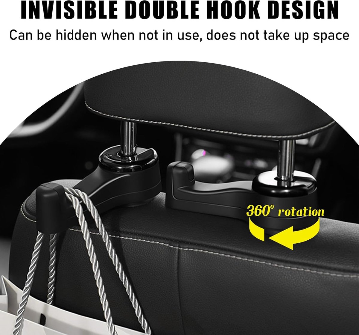 Car Seat Hooks - 2 Pieces - 2 In 1 Car Headrest Hooks - Multifunctional Car Seat Hook - 360° Rotation Front and Rear Seat Headrest Hook - Concealed Hook - Universal Car Hooks - Car Accessories - Black - Image 5