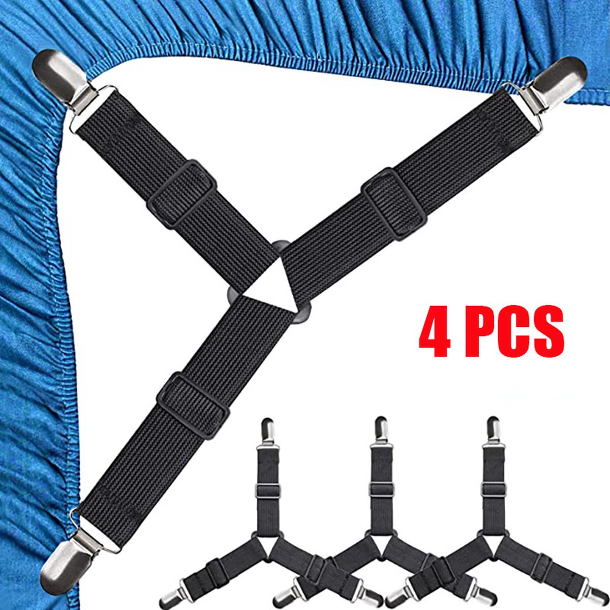 4x Sheet Tighteners - Sheet Fastening Straps - Duvet Clips - Sheet Locking Buckles - Sheet Holders - Duvet Clamps - Adjustable Sheet Tighteners - Elastic Sheet Clamps - For Sheets, Mattresses, Ironing Boards or Sofas - Sheet Tighteners With Metal Clips - Image 1
