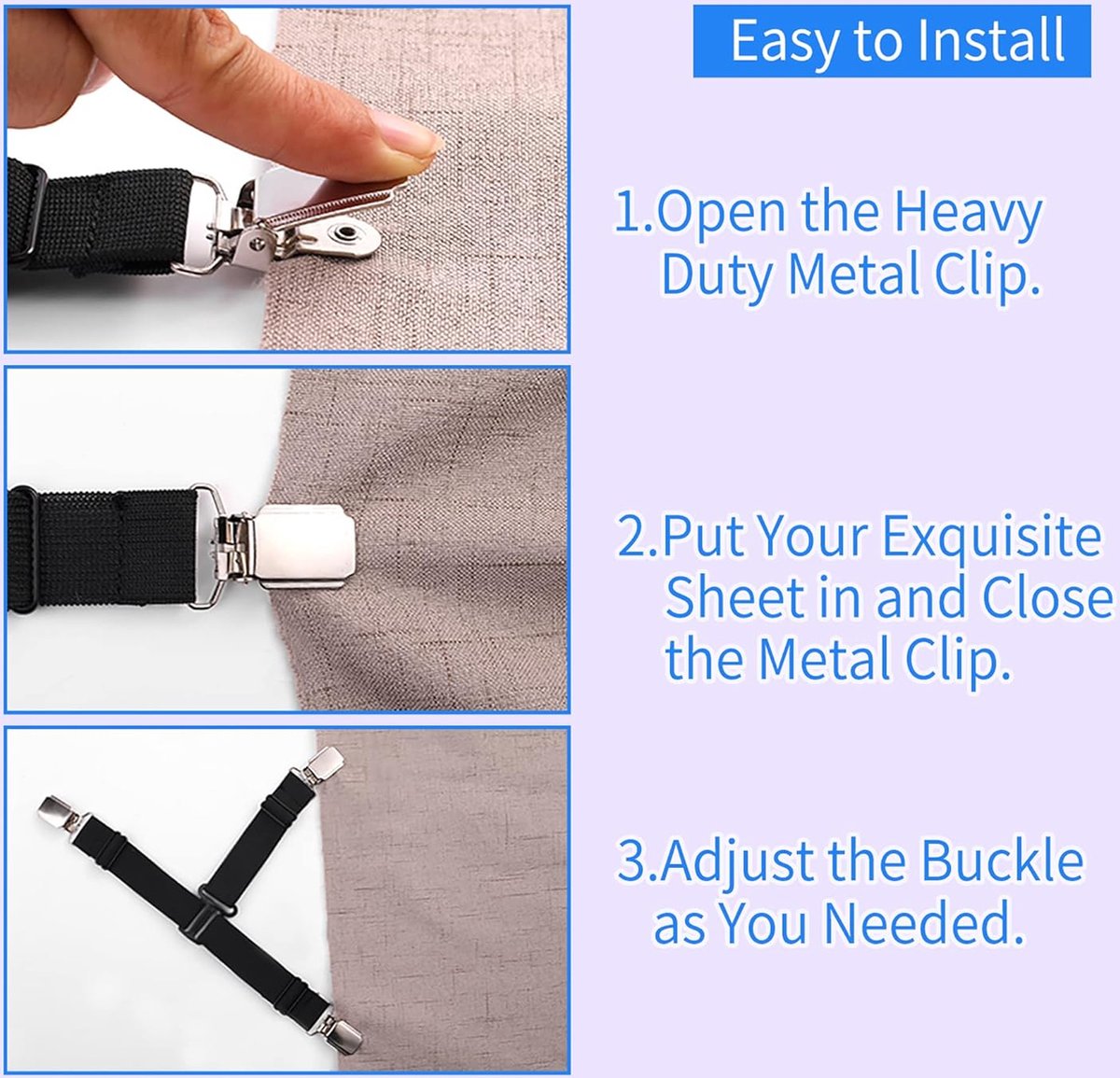 4x Sheet Tighteners - Sheet Fastening Straps - Duvet Clips - Sheet Locking Buckles - Sheet Holders - Duvet Clamps - Adjustable Sheet Tighteners - Elastic Sheet Clamps - For Sheets, Mattresses, Ironing Boards or Sofas - Sheet Tighteners With Metal Clips - Image 3