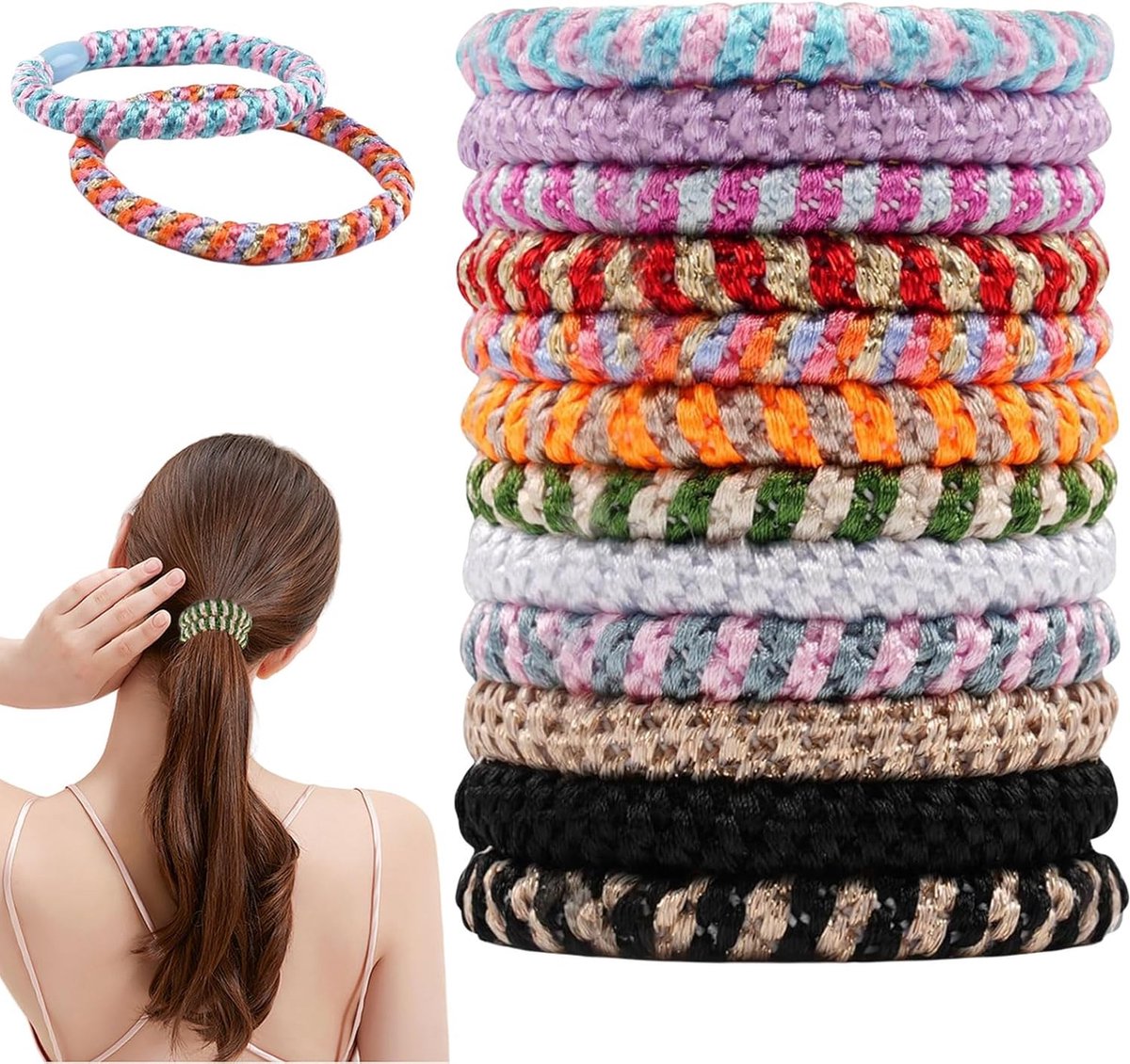 Allecto Plus - Pack of 12 elastic hair ties in various colors, suitable for different hairstyles - Image 1