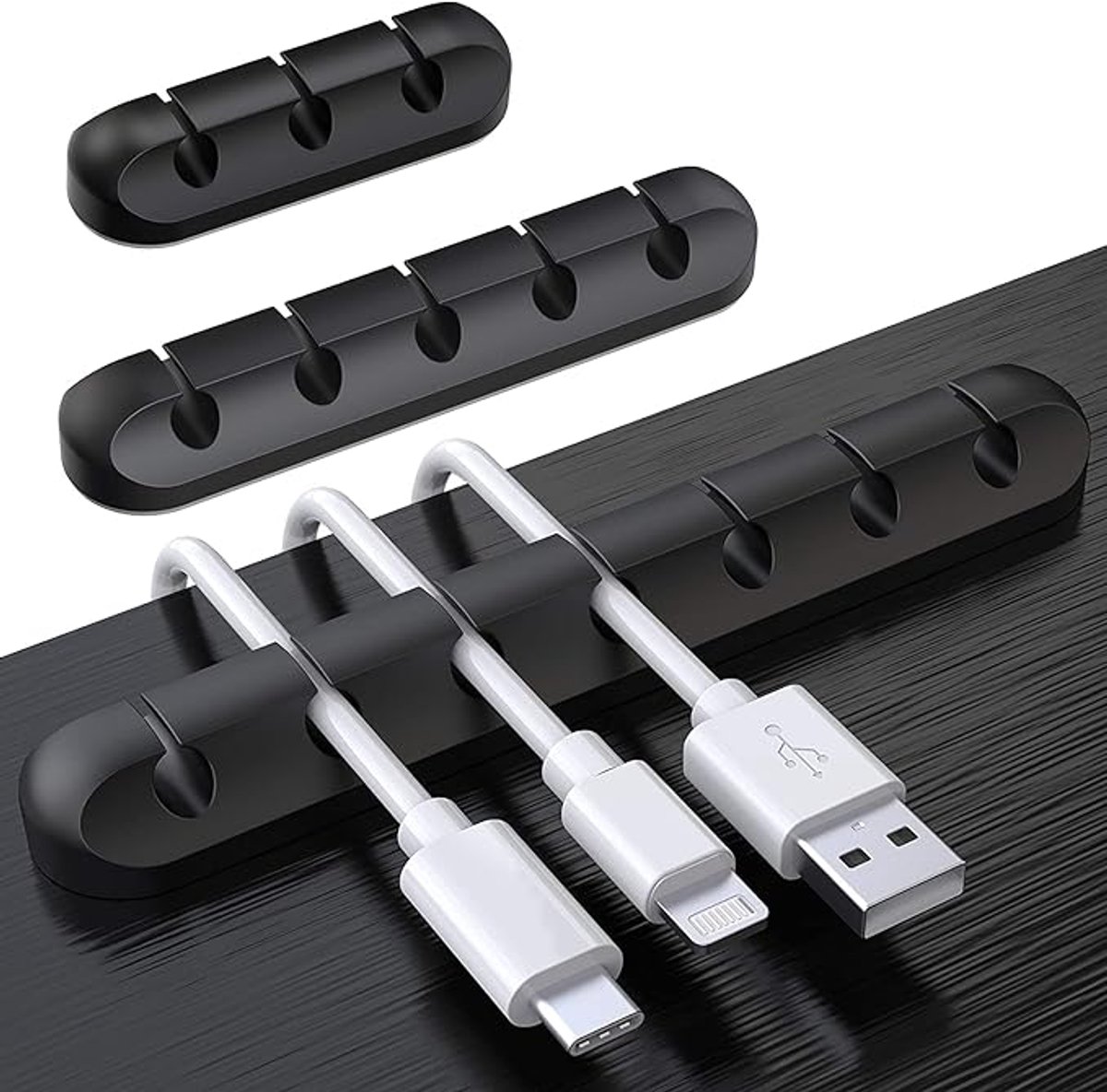 Black cable organizer - Cable net holder - Self-adhesive cable clip - Cable holder - USB cable fastening system - Cable holder - for USB charging cables, power cables, mouse cables, PC, office - 3-pack - Image 1