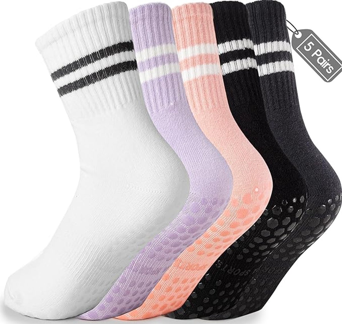 5 pairs - Socks - Women's high Pilates non-slip socks - Yoga Pilates Socks with Grip - Non-slip Cotton Socks - Yoga Socks - Non-slip ankle socks - for Ballet, Dance, Workouts - Black, White, Grey, Pink and Purple - Image 1