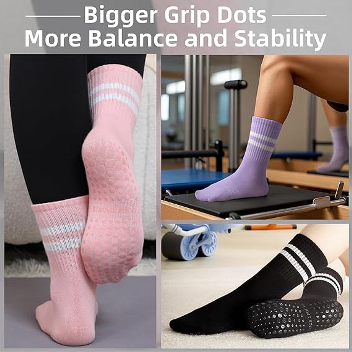 5 pairs - Socks - Women's high Pilates non-slip socks - Yoga Pilates Socks with Grip - Non-slip Cotton Socks - Yoga Socks - Non-slip ankle socks - for Ballet, Dance, Workouts - Black, White, Grey, Pink and Purple - Image 2