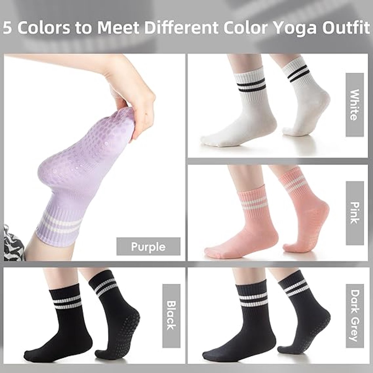 5 pairs - Socks - Women's high Pilates non-slip socks - Yoga Pilates Socks with Grip - Non-slip Cotton Socks - Yoga Socks - Non-slip ankle socks - for Ballet, Dance, Workouts - Black, White, Grey, Pink and Purple - Image 4