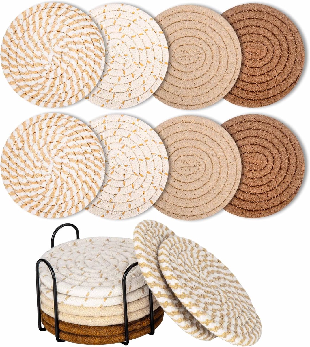 Set of 8 Round Coasters with Stand - Coaster Set - Thermal Insulation - Non-Slip Braided Cotton Coasters for Glasses - Coaster Set - Coasters with Holder - For Drinks, Bar, Cups, Table Coasters - D11 cm - Yellow - Image 1