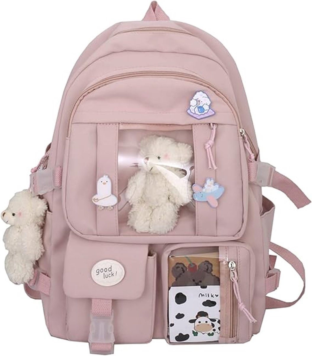Waterproof backpack for girls - Girl's Backpack With Pin and Accessories - boys' backpack - women's backpack - Lightweight School Bag - School Student School Bag - Large Capacity Backpacks - Teenagers - High School Backpacks - Pink - Image 1