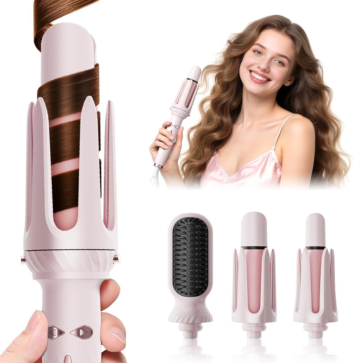 3 in 1 Curling Iron - Automatic Curling Iron - Straightener - Hair Curler - Straightening Brush - 25mm and 32mm - French Wave Curling Iron - Heated Brush - Portable Rotary Curling Iron - Heat and Travel Protection - Curling Irons - Thermal Brush - 3 in 1 - Image 1