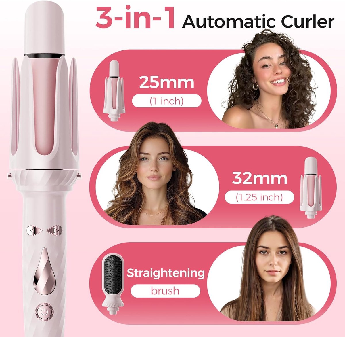 3 in 1 Curling Iron - Automatic Curling Iron - Straightener - Hair Curler - Straightening Brush - 25mm and 32mm - French Wave Curling Iron - Heated Brush - Portable Rotary Curling Iron - Heat and Travel Protection - Curling Irons - Thermal Brush - 3 in 1 - Image 3