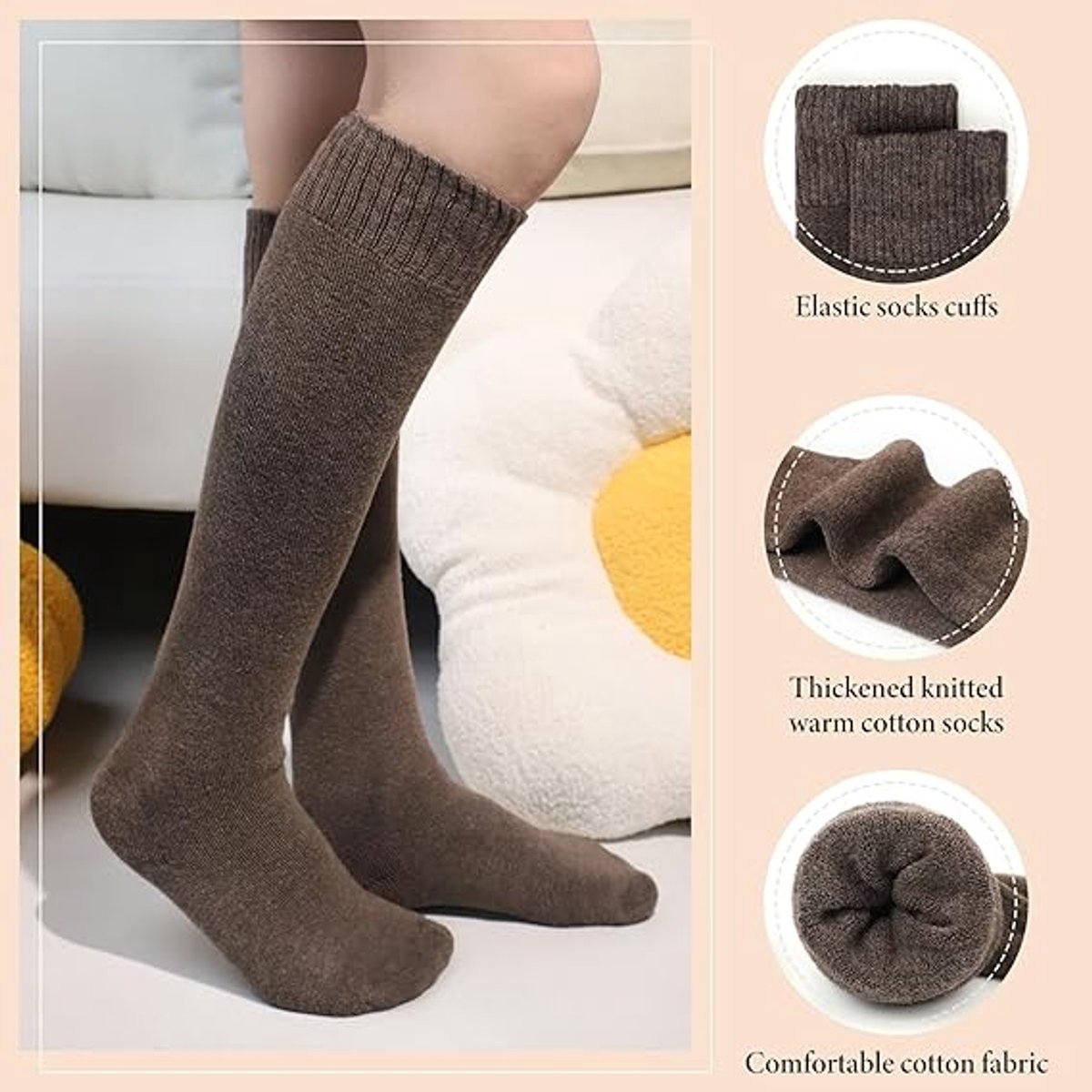 5 Pairs of Knee Socks - Socks - Winter Knee Socks Warm Long Boots - Women's Winter Knitted Overknee Socks - Soft Knitted Thermal Cotton Long Socks - Women's Warm Socks - Warm Knee Socks - Image 2