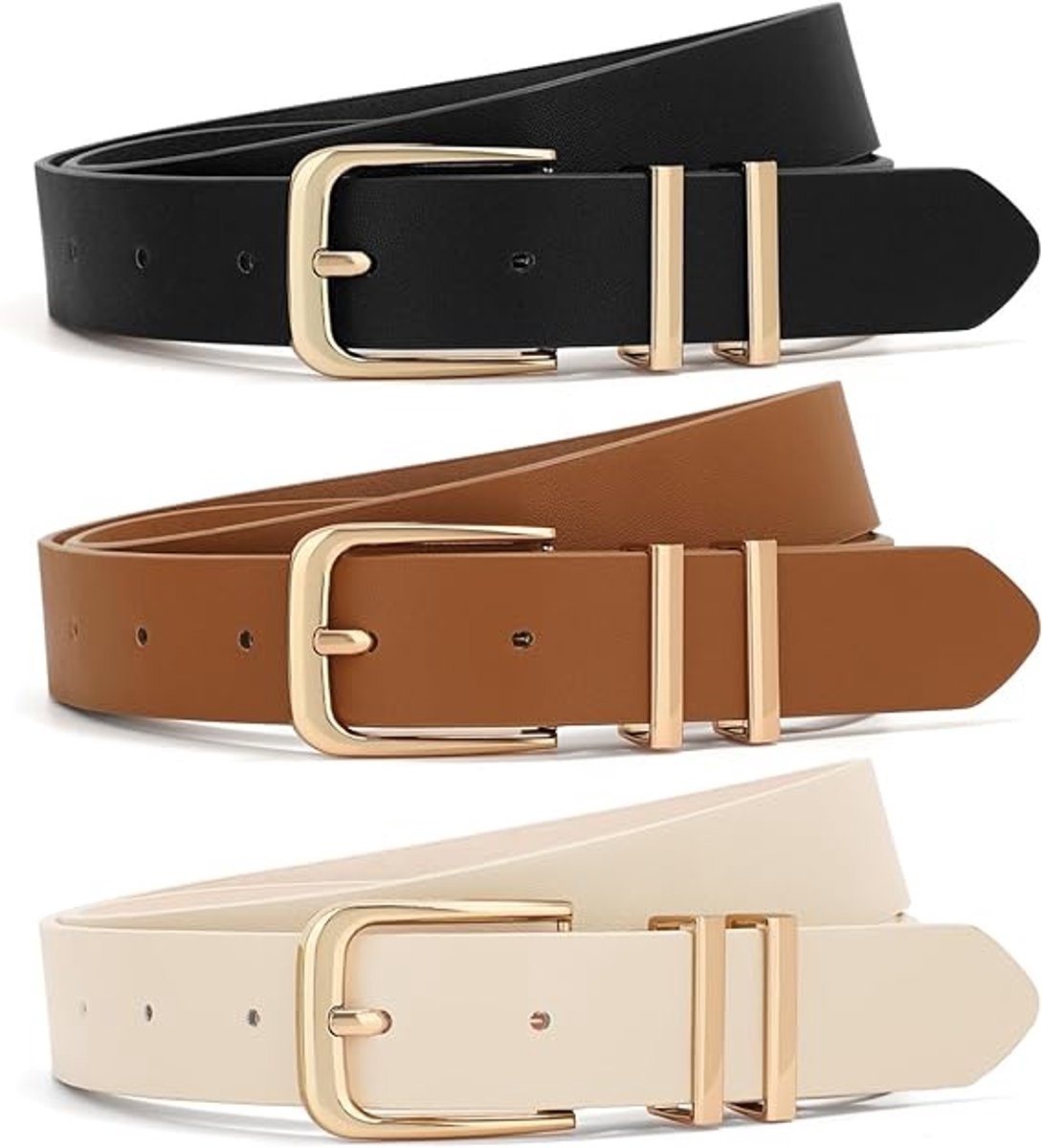 3-Piece Belt - Women's Belt - Stylish Retro - Trouser Belt - Women - Adjustable Unisex Belt - 110cm - Leather - Women's Belts for Jeans Dresses Trousers Women's Leather Waist Belt with Gold Buckle - 110 CM - Image 1