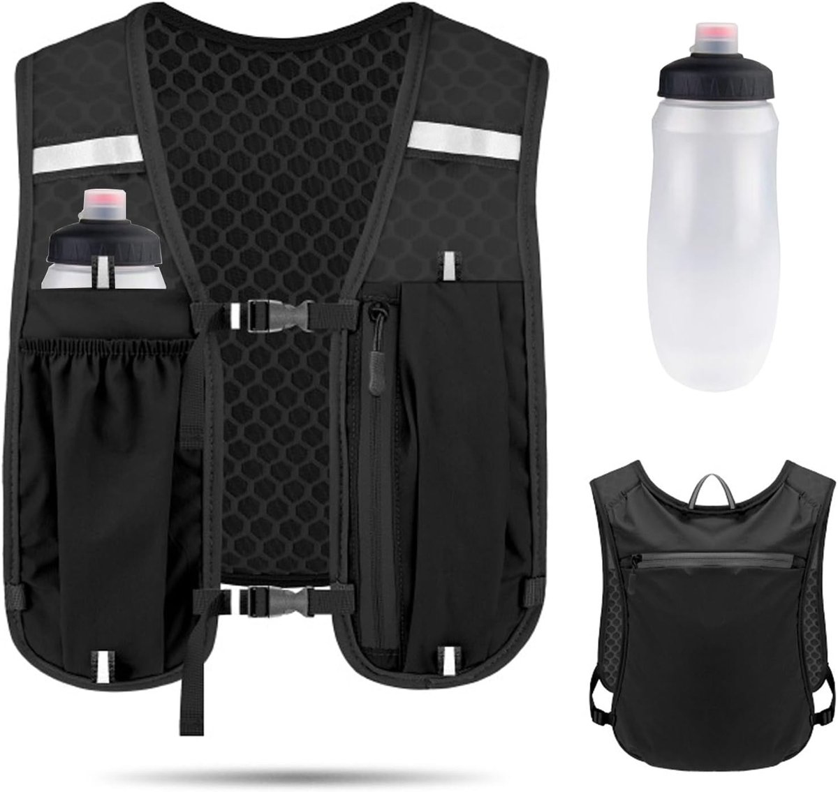 Reflective Running Vest - Running Vest - Running Vest with reflective - With 500ml Flask - Running Vest - running vest drink holder-running vest - Drinking Vest - Ultralight and durable vest - Adjustable - for Cycling, Walking - black - Image 1